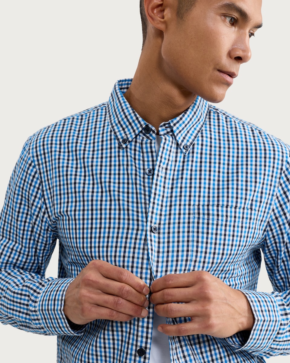 image 1 of F&F Pure Cotton Check Button-Down Shirt in Blue