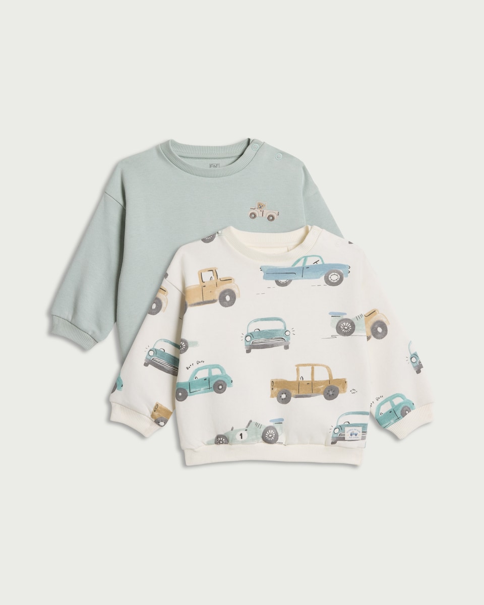 F&F Baby 2-Pack Cotton Rich Vehicle Print Sweatshirts in Cream