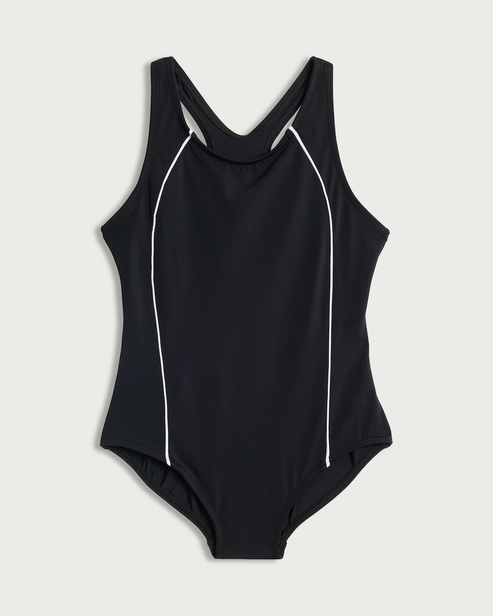 image 1 of F&F Girls Contrast Trim Racerback Swimsuit in Black