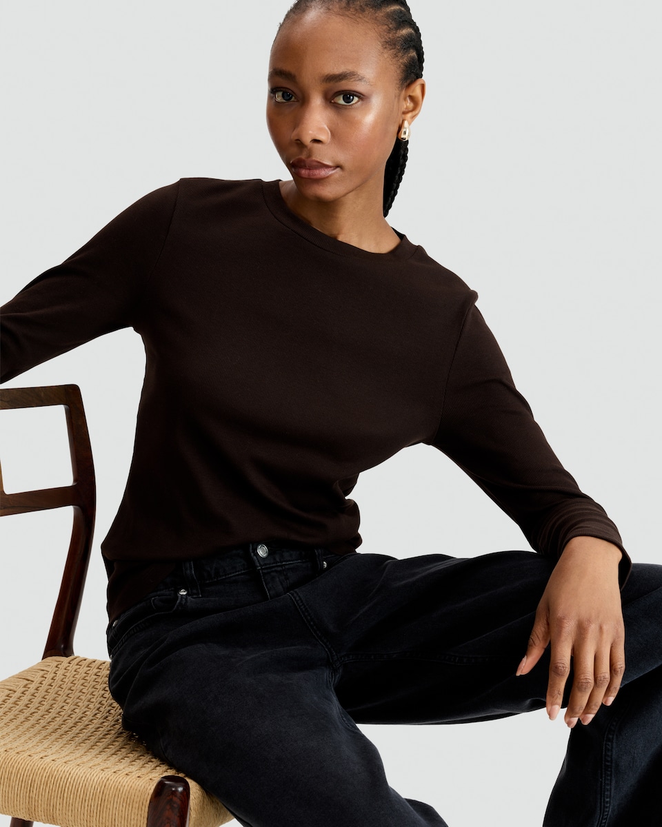 image 1 of F&F Cotton Rich Crew Neck Long Sleeved Top in Brown