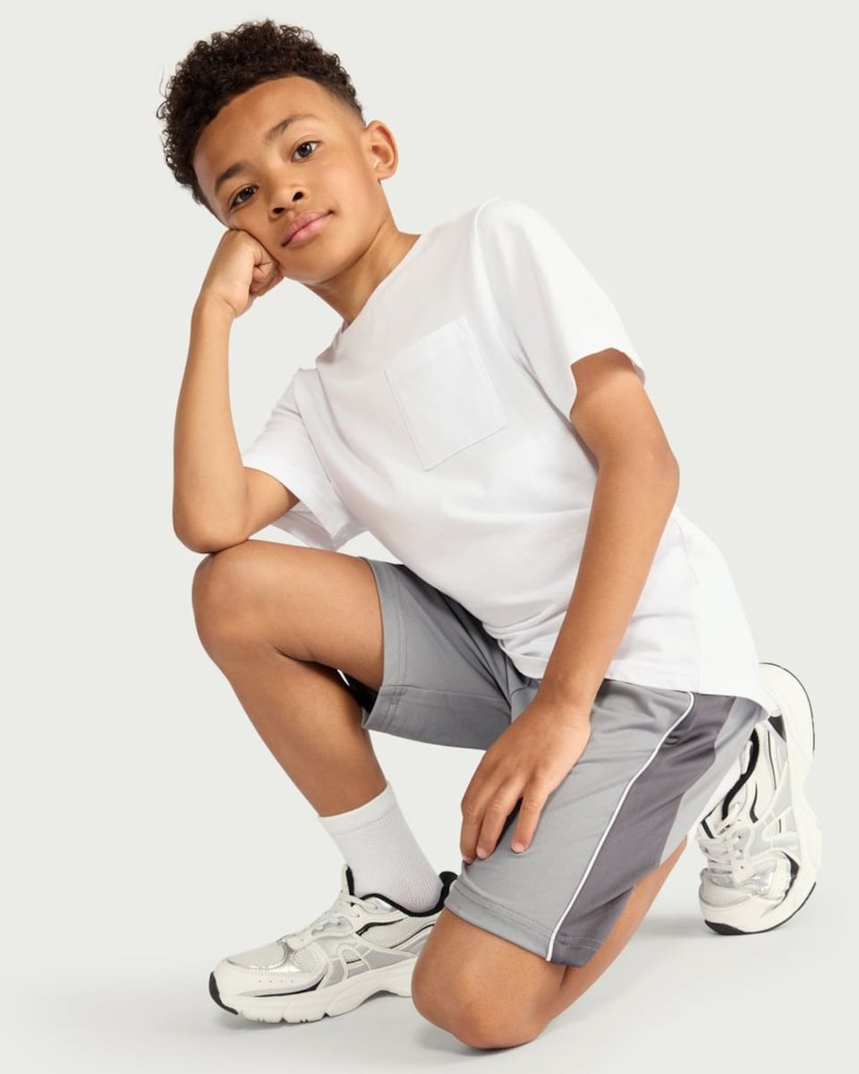 image 1 of F&F Active ULTRAMOVE Boys Side Stripe Shorts in Grey