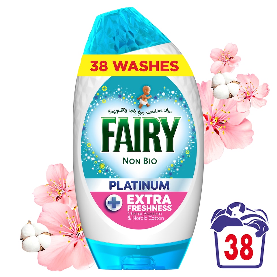 image 1 of Fairy Non Bio Platinum Washing Liquid Gel Cherry Blossom & Nordic Cotton 38 Washes 1254ml