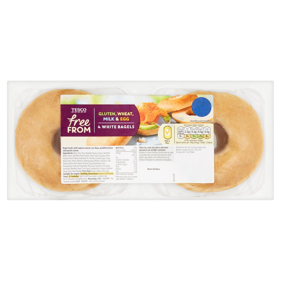 Tesco 4 Free From White Bagels 240G