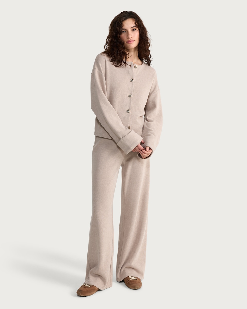 image 1 of F&F Textured Wide Leg Button Detail Trousers in Neutral