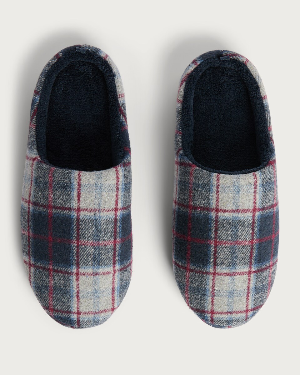 image 1 of F&F Fleece Lined Check Print Mule Slippers in Navy