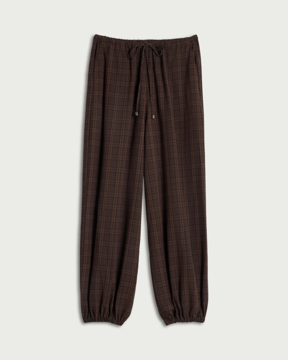 image 1 of F&F Checked Cuffed Drawstring Trousers in Multi Brown