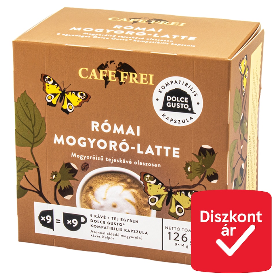 Cafe Frei Római Mogyoró Latte mogyoróízű egyadagos tejeskávé kapszula 9 x 14 g (126 g)