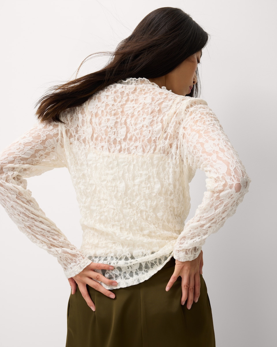 image 1 of F&F Lace High Neck Long Sleeved Top in Cream