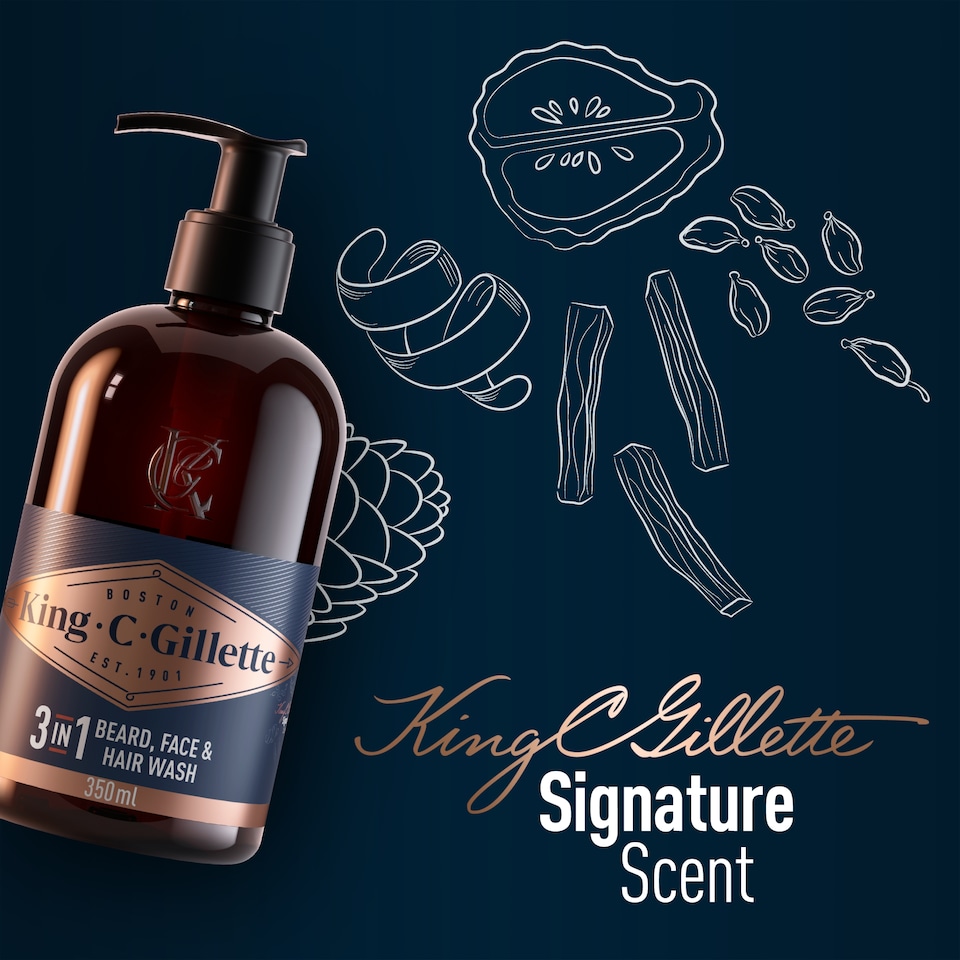 image 1 of King C. Gillette 3in1 Beard, Face & Hair Wash, With King C. Gillette Signature Scent,350ml
