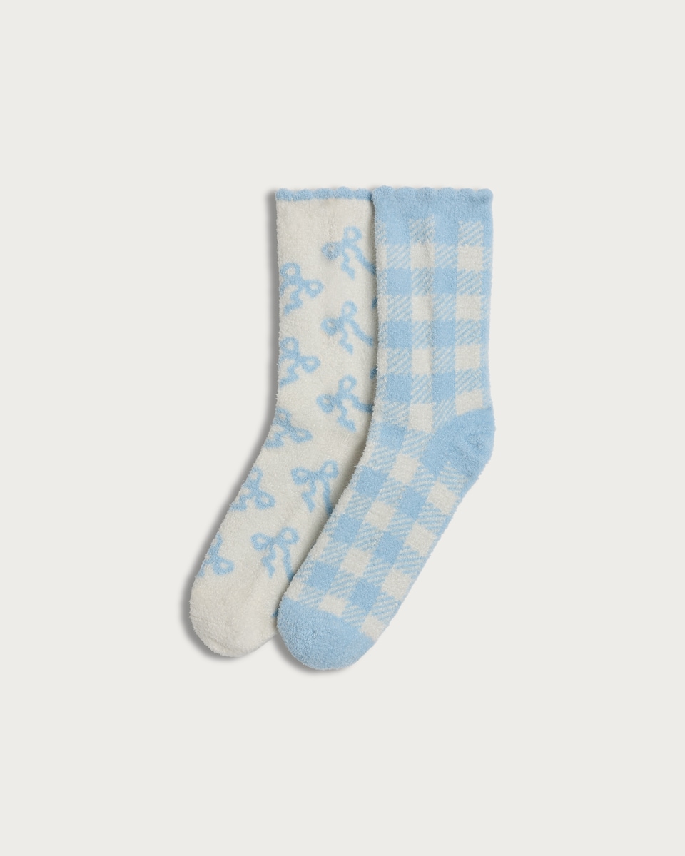 F&F 2-Pack Textured Bow and Gingham Cosy Socks in Blue