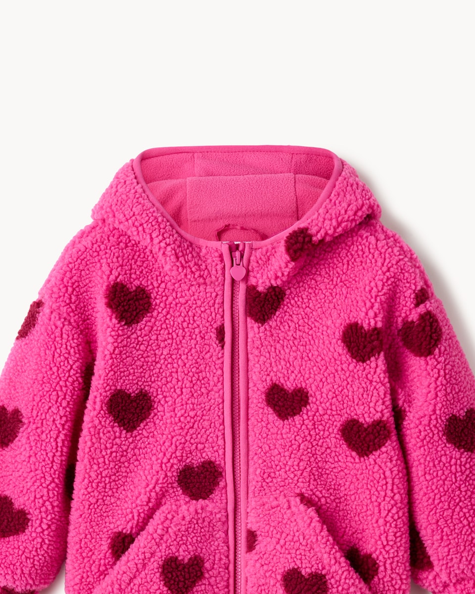 image 1 of F&F Girls Borg Heart Hooded Jacket in Pink