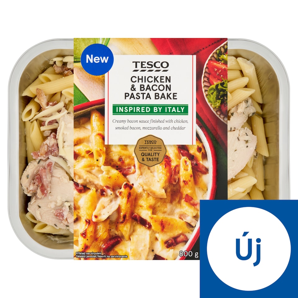 Tesco főtt durum penne tészta baconös szósszal fűszeres sült csirkemelldarabokkal 800 g