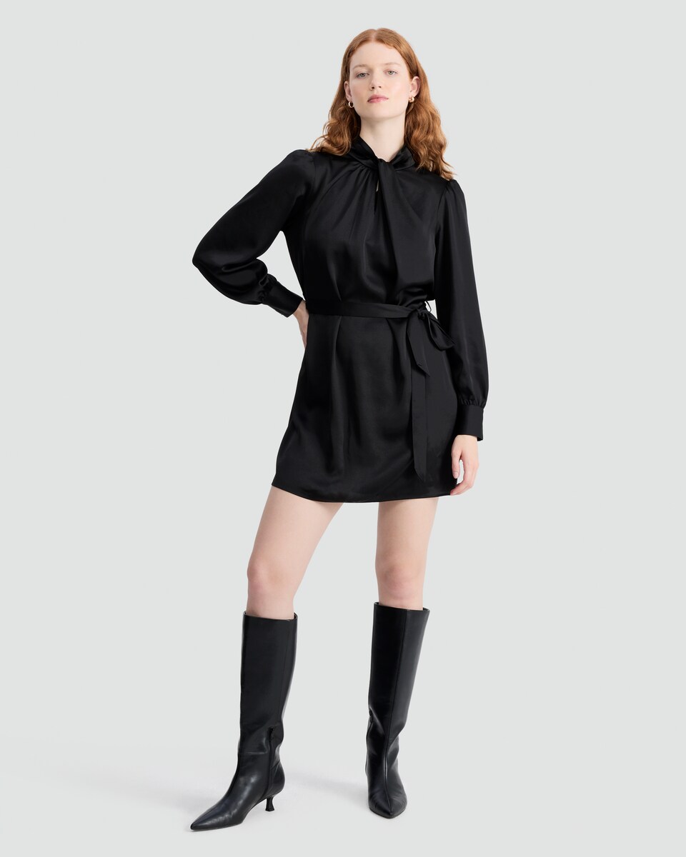 image 1 of F&F Faux Satin Tie Neck Mini Dress in Black
