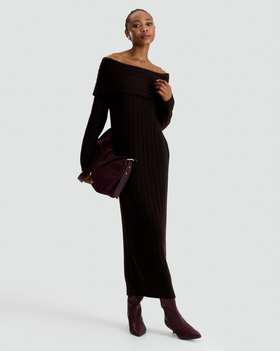 image 1 of F&F Ribbed Knit Bardot Midi Dress with Wool in Brown