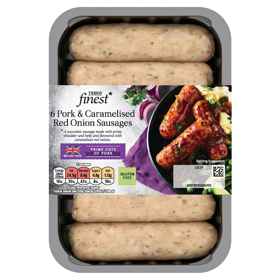 Tesco Finest 6 British Pork & Caramelised Onion Sausages 400G
