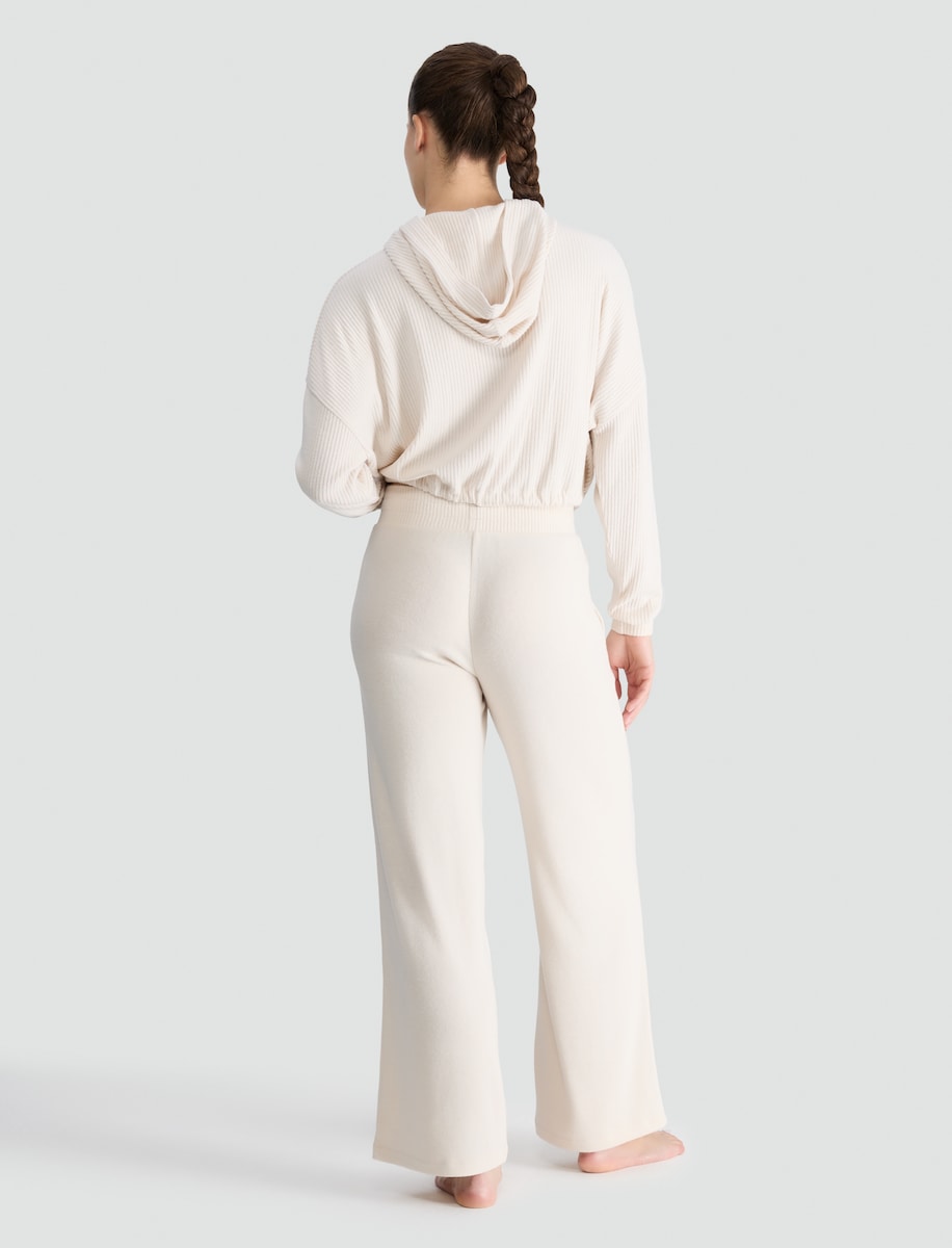 image 1 of F&F Ribbed Cropped Hoodie and Wide Leg Trousers Lounge Set in Cream