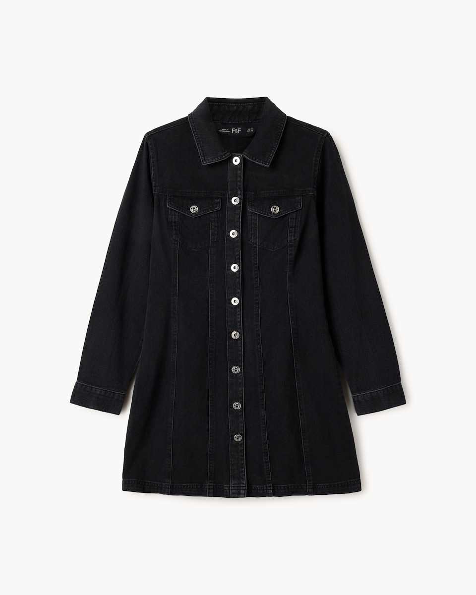 image 1 of F&F Pure Cotton Denim Mini Shirt Dress in Black