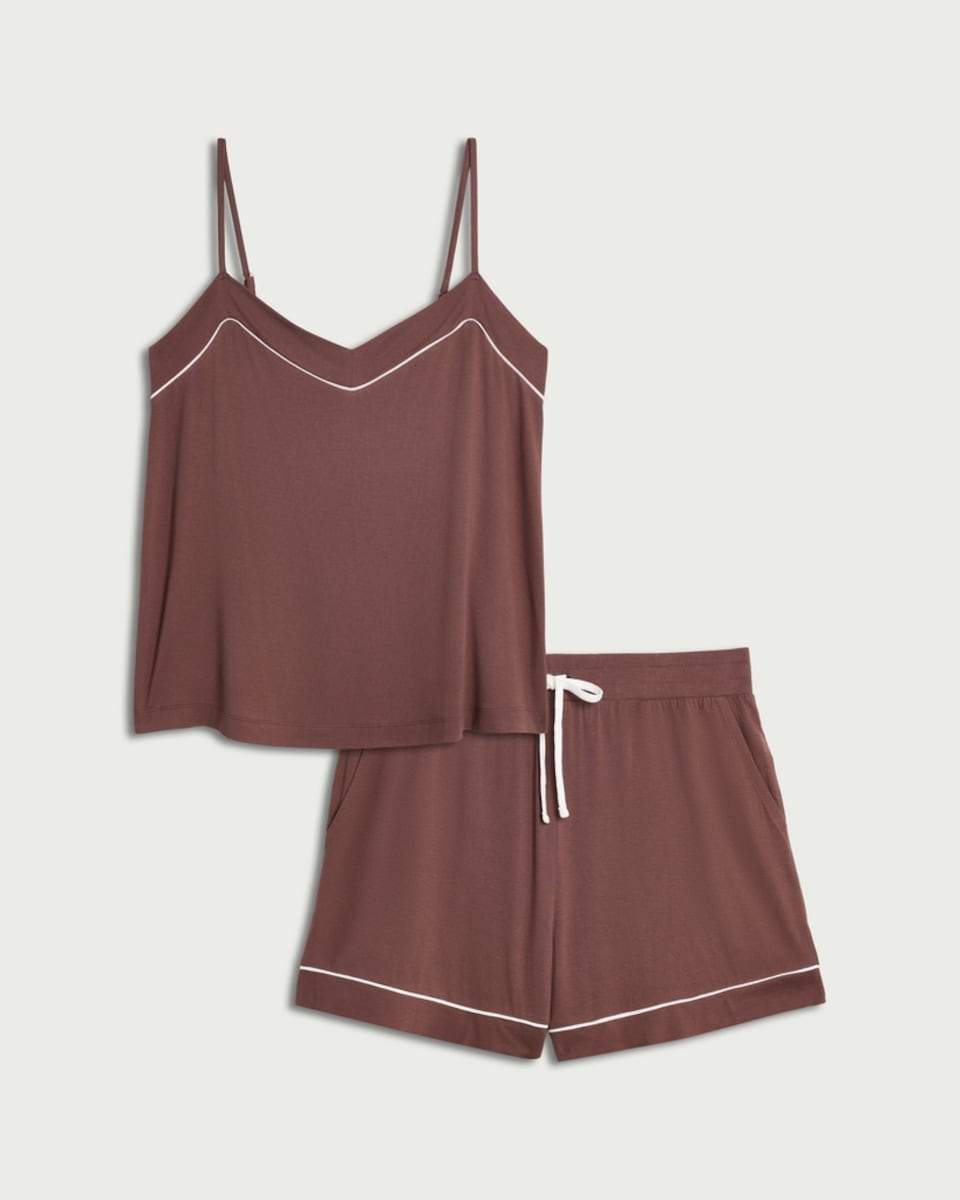 image 1 of F&F Contrast Trim Short Pyjama Set in Chocolate