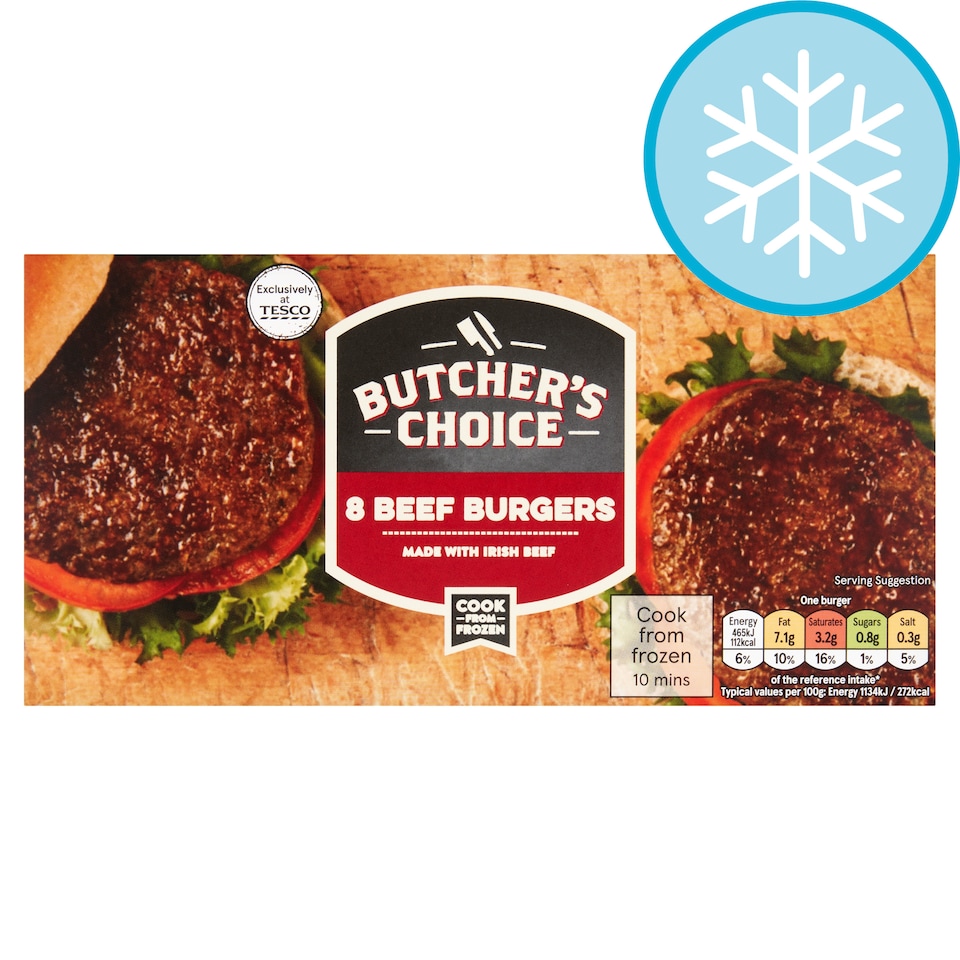 Tesco Butchers Choice 8 Beef Burgers 397G