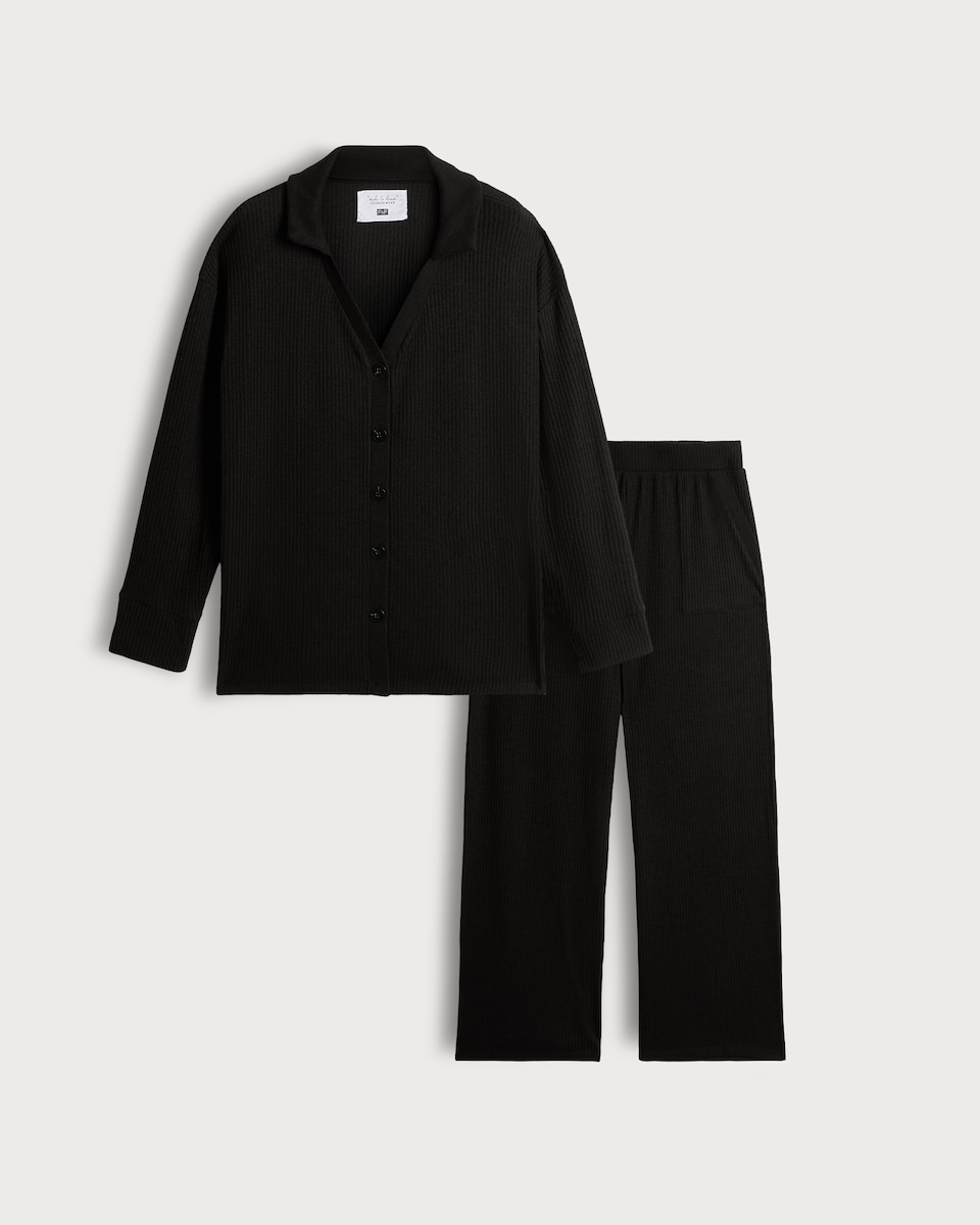 image 1 of F&F Ribbed Revere Button Up Pyjama Set in Black