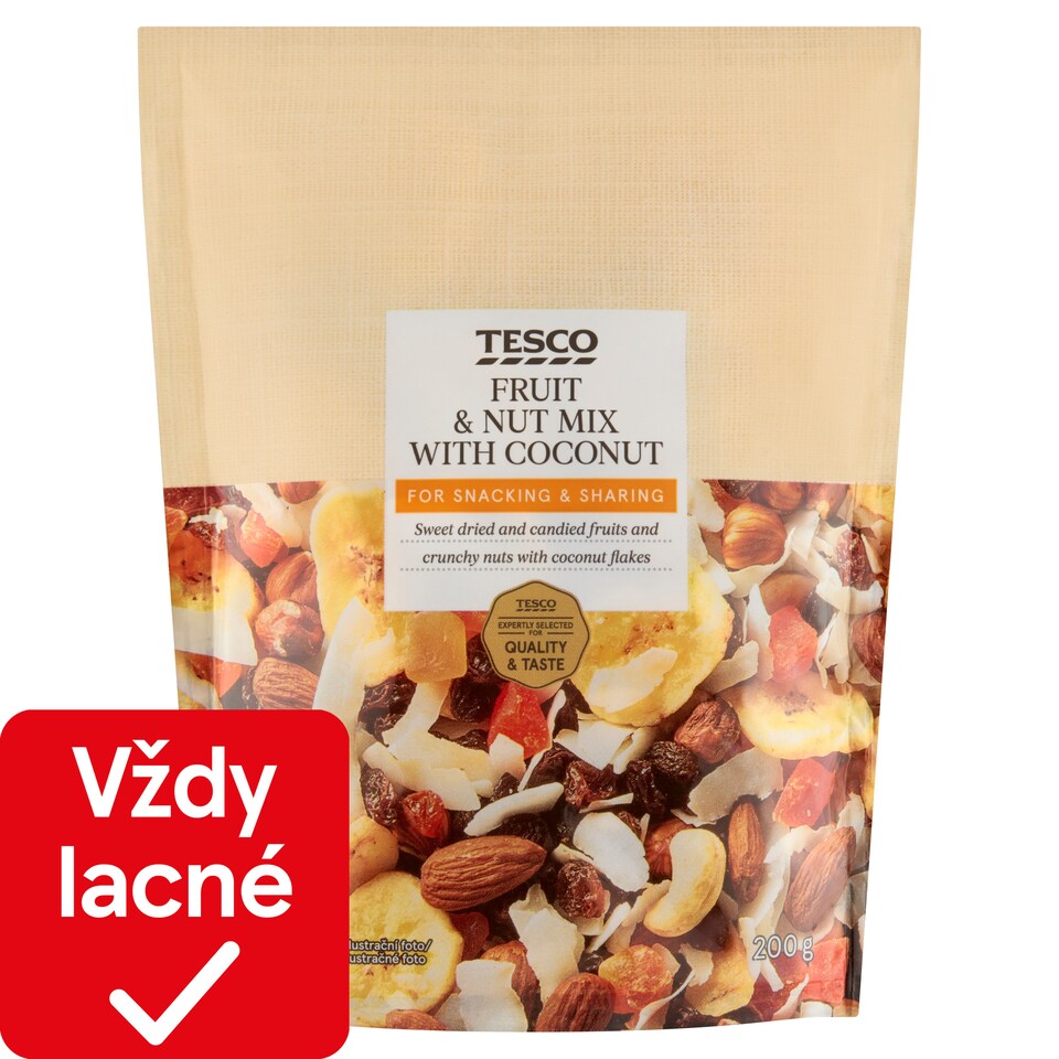 Tesco Zmes sušeného a kandizovaného ovocia a škrupinových plodov s kokosovými vločkami 200 g