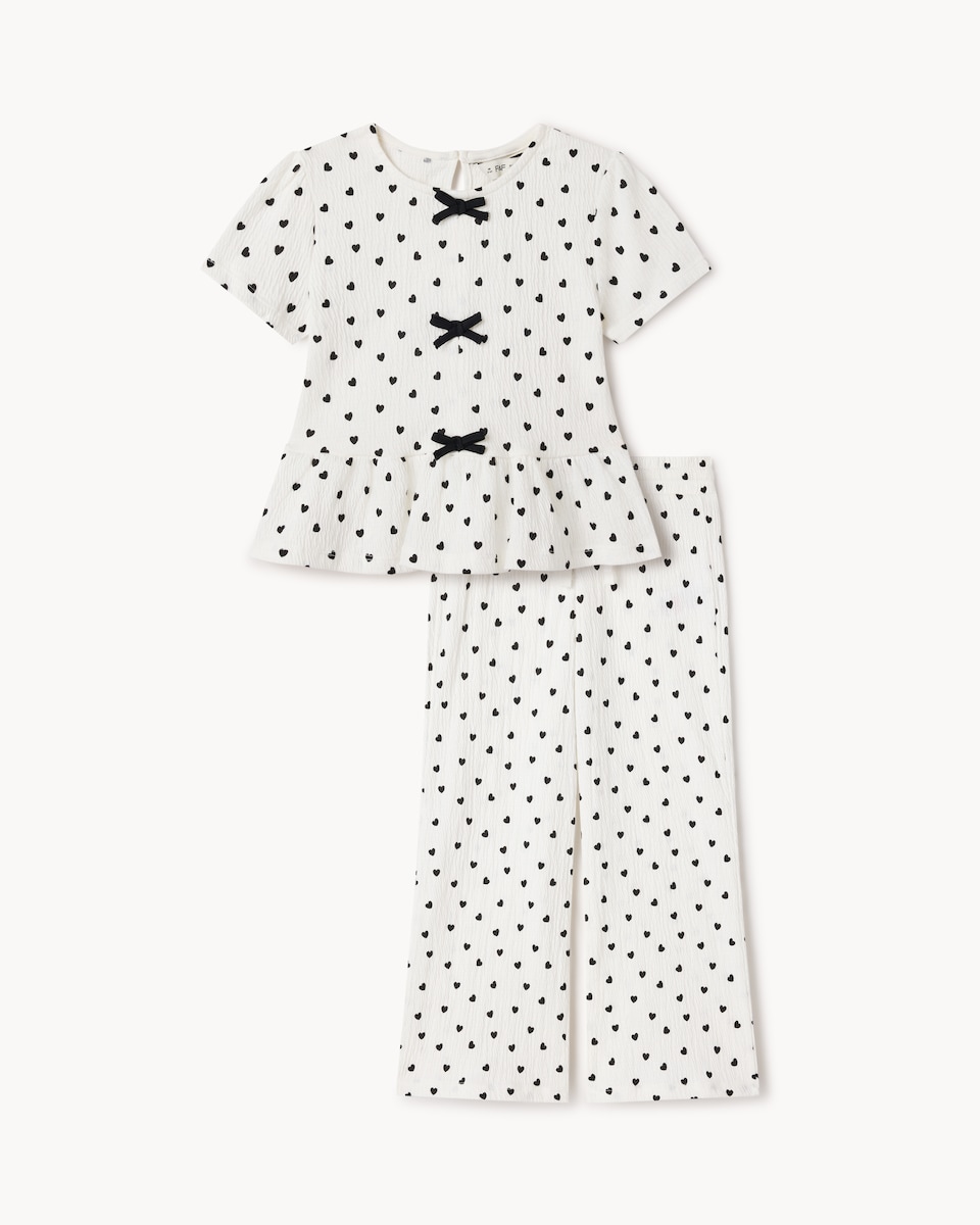 image 1 of F&F Girls 2-Piece Heart Print Top and Trousers Set in Multi Black White