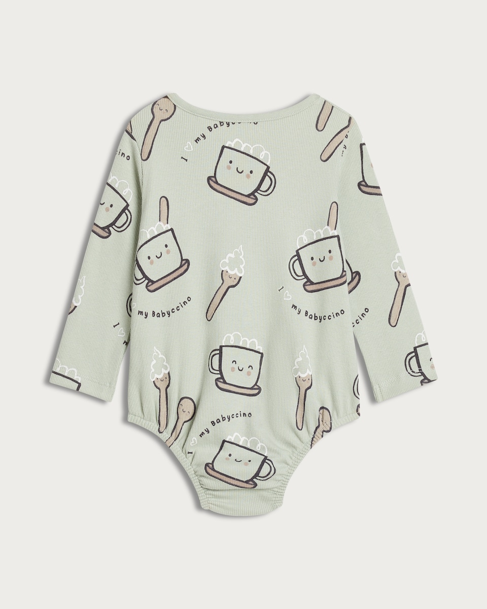image 1 of F&F Baby 3-Piece Cotton Rich Babyccino Bodysuit, Legging and Bib Set in Green