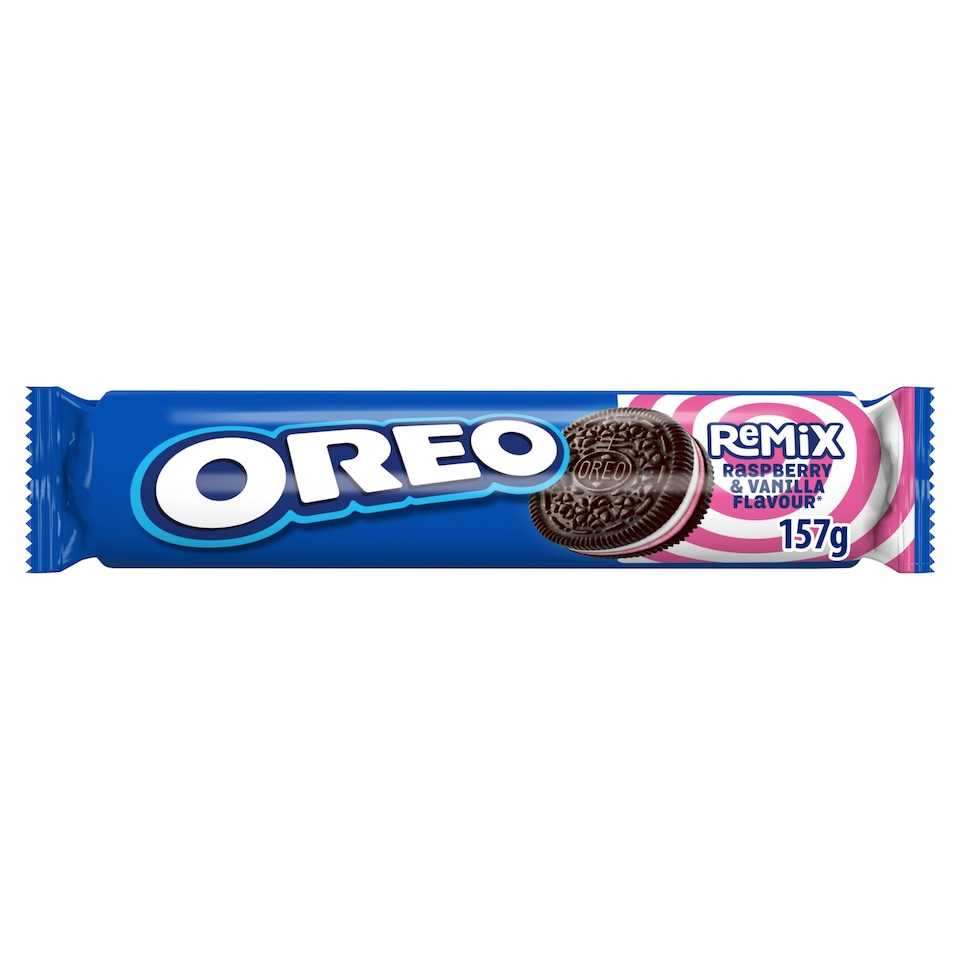 Oreo sušenky kakaové Remix s náplní s vanilkovou příchutí a malinovou příchutí 157g