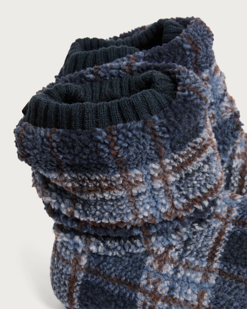image 1 of F&F Fleece Check Print Boot Slippers in Navy
