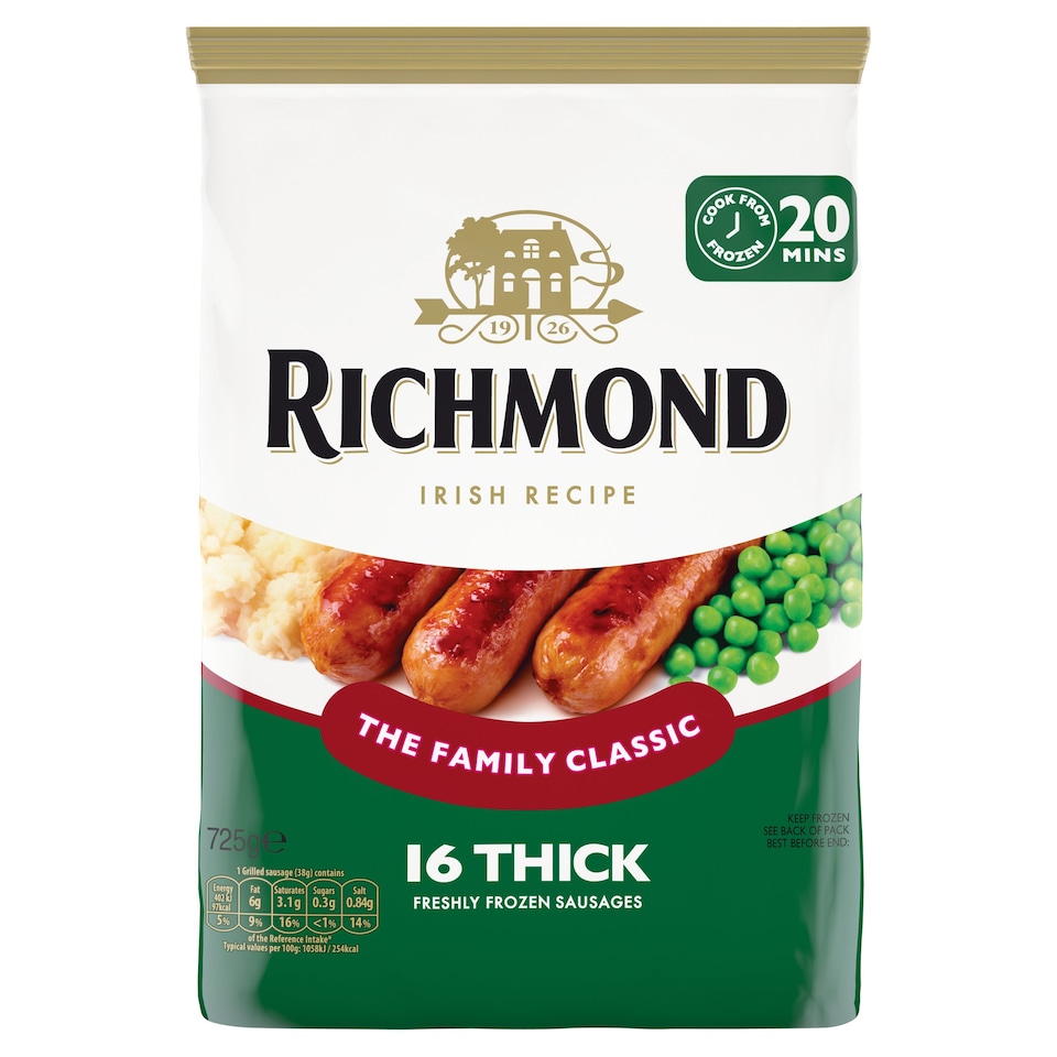 Richmond Thick Irish Recipe Sausages 16 Pack 725G Tesco Groceries