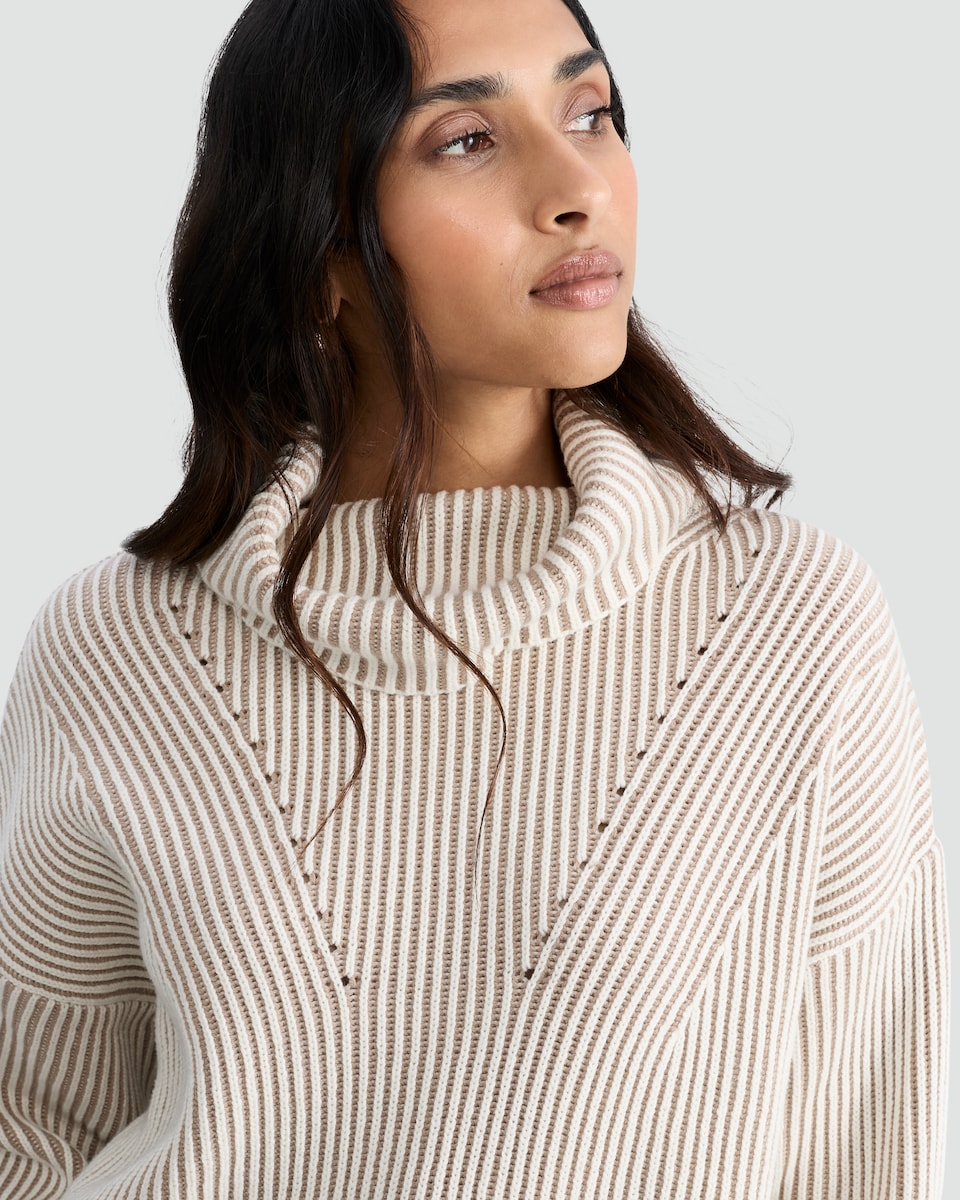 image 1 of F&F Ribbed Cotton Rich Two Tone Roll Neck Jumper in Neutral