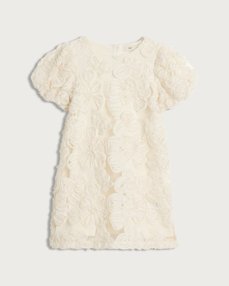 image 1 of F&F Girls Floral Appliqué Puff Sleeved Dress in Cream