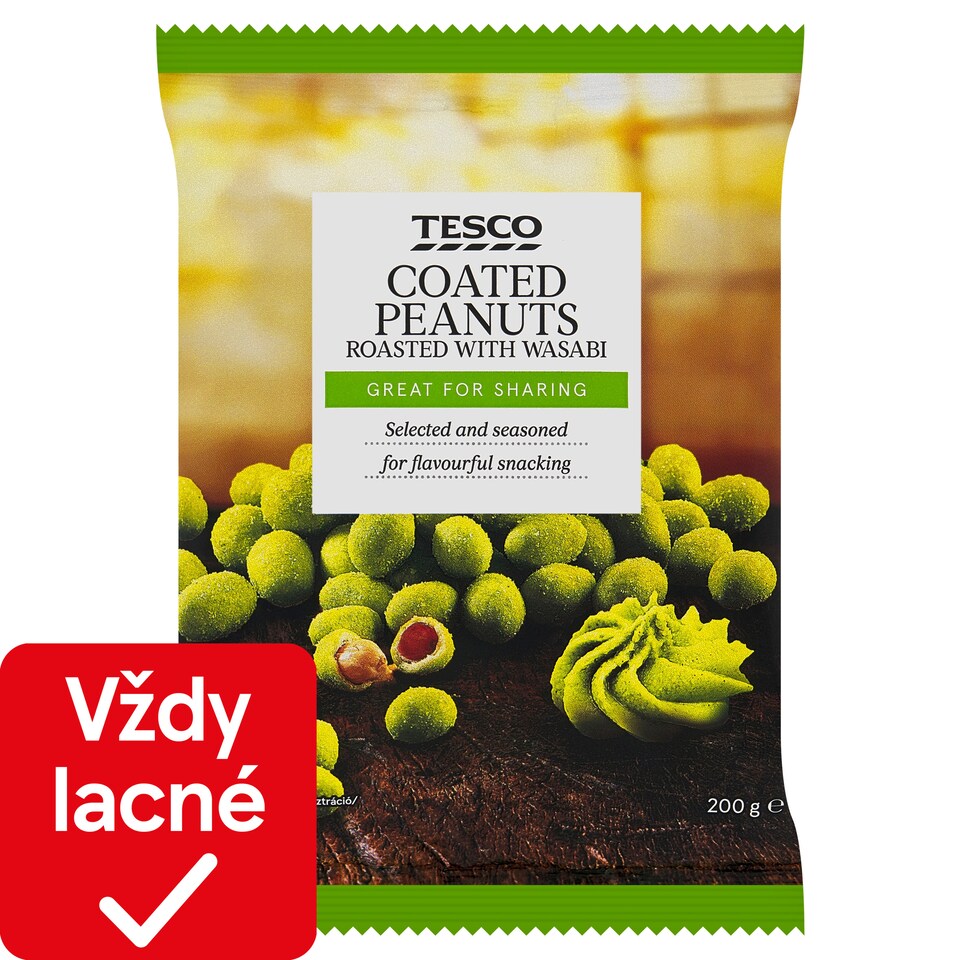Tesco Pražené lúpané arašidy obalené v cestíčku s príchuťou wasabi 200 g