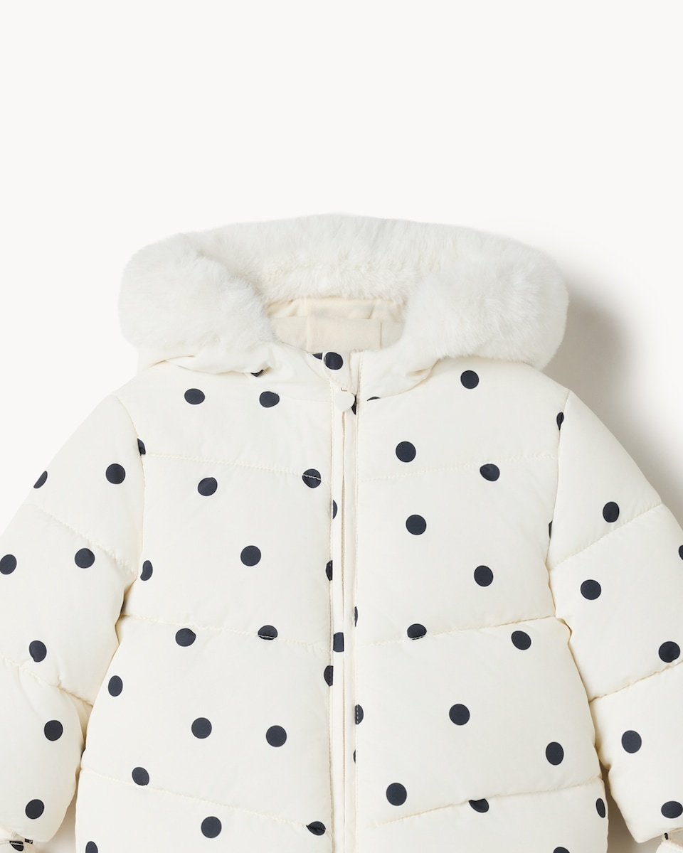 image 1 of F&F Baby Polka Dot Puffer Jacket with Mittens in Cream