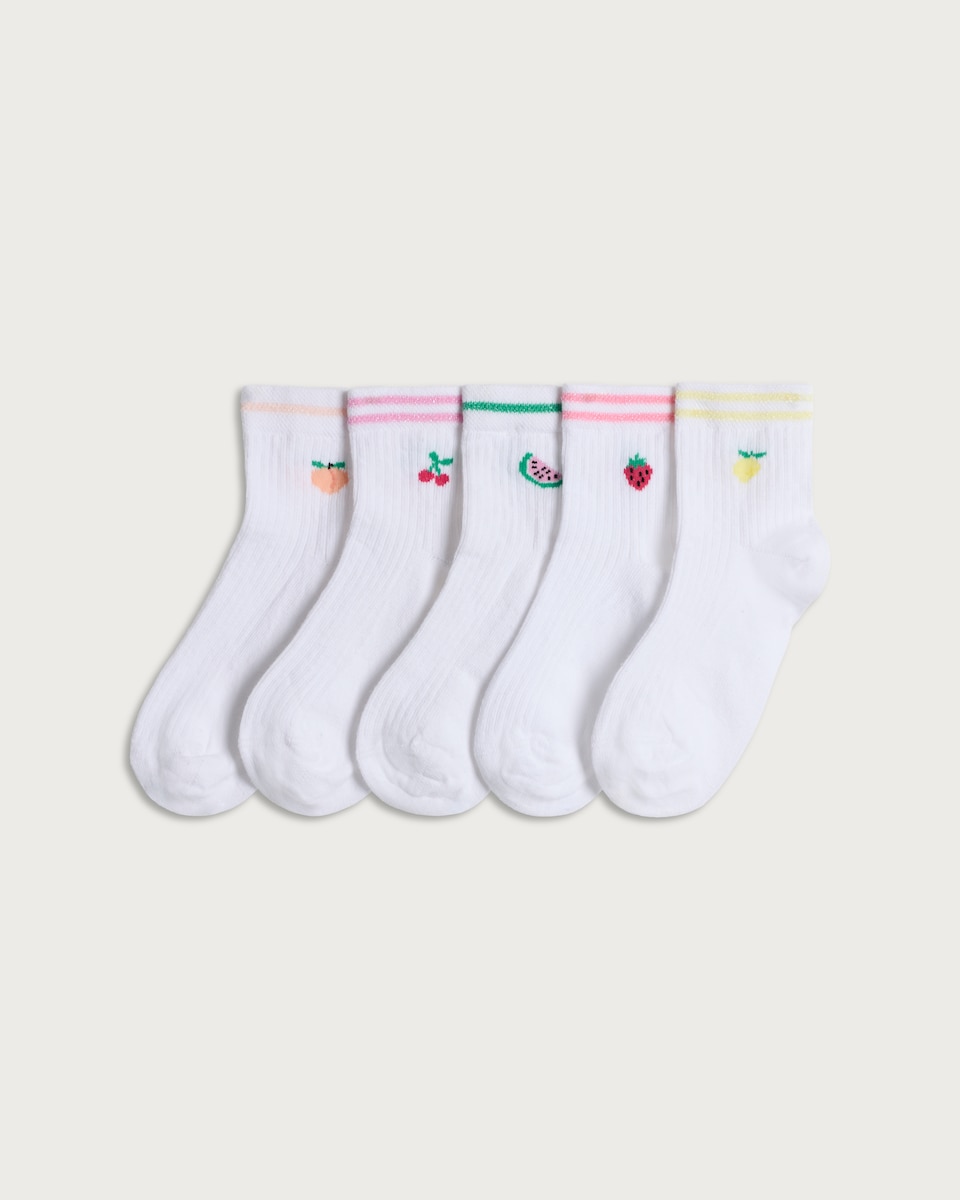 F&F Girls 5-Pack Cotton Rich Fruit Embroidered Anklet Socks in Multi