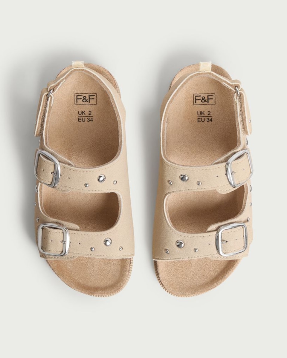 image 1 of F&F Girls Studded Double Buckle Strap Sandals in Stone