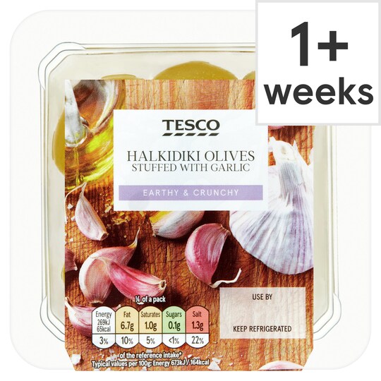 Tesco Halkidiki Olives, Garlic Cloves 160G Tesco Groceries