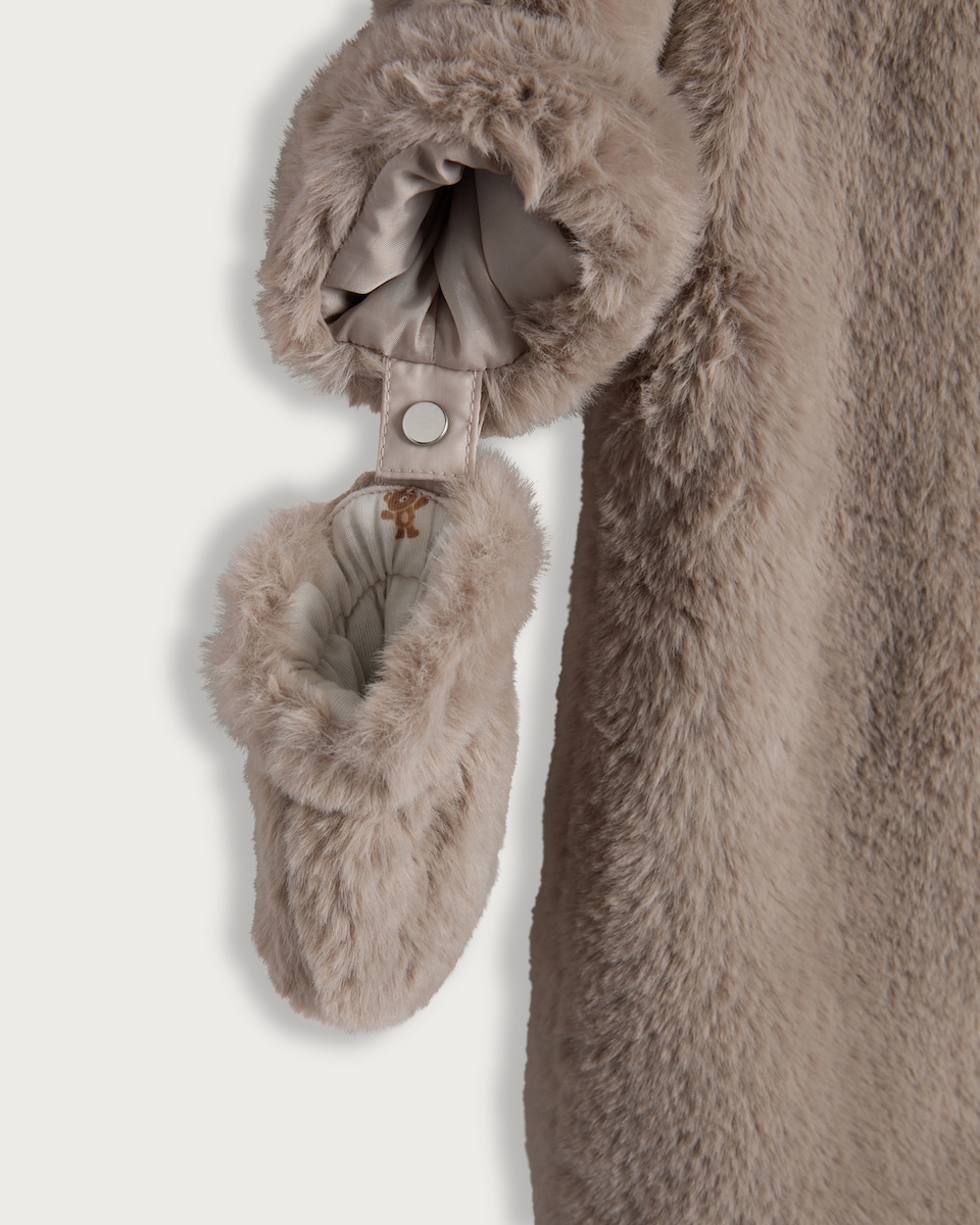 image 1 of F&F Baby Faux Fur Bear Hooded Pram Suit in Brown