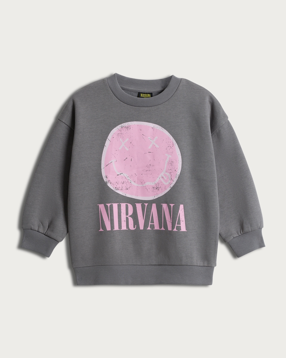 image 1 of Nirvana Cotton Rich Smiley Sweatshirt in Multi Grey