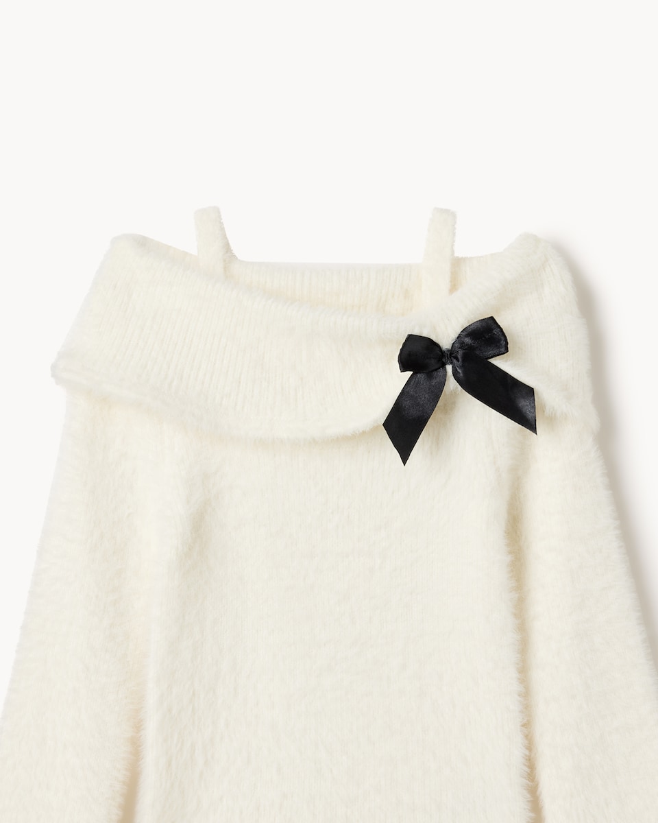 image 1 of F&F Girls Bardot Bow Jumper in Cream