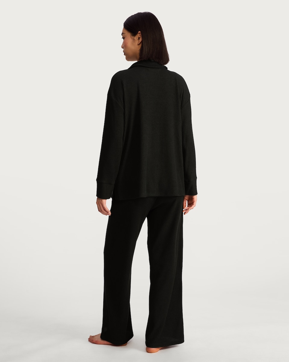 image 1 of F&F Ribbed Revere Button Up Pyjama Set in Black