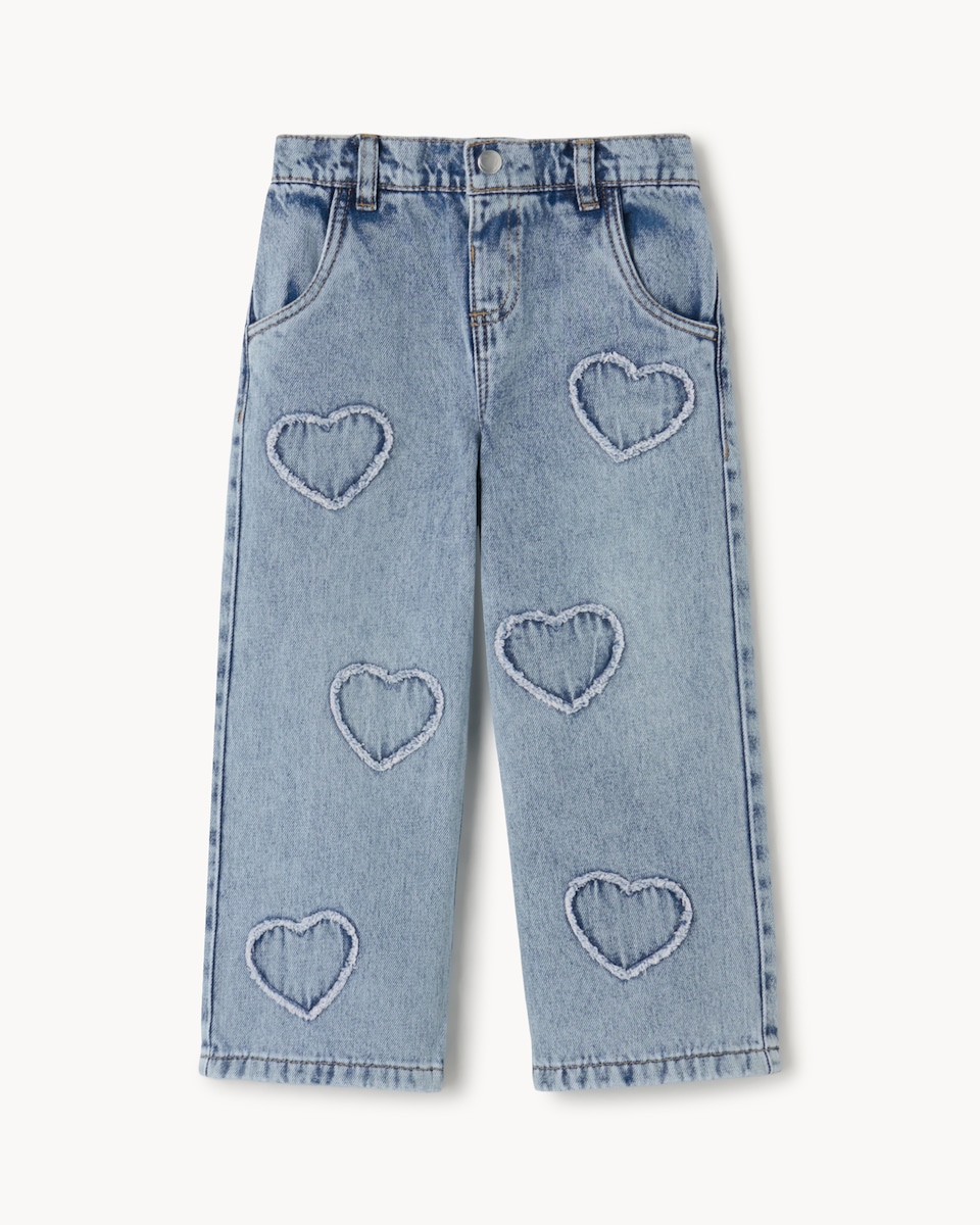 image 1 of F&F Girls Pure Cotton Heart Pattern Jeans in Blue