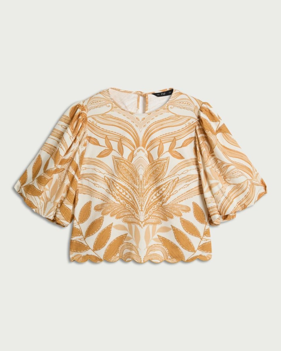 image 1 of F&F Leaf Print Puff Sleeved Co-ord Top in Multi Orange