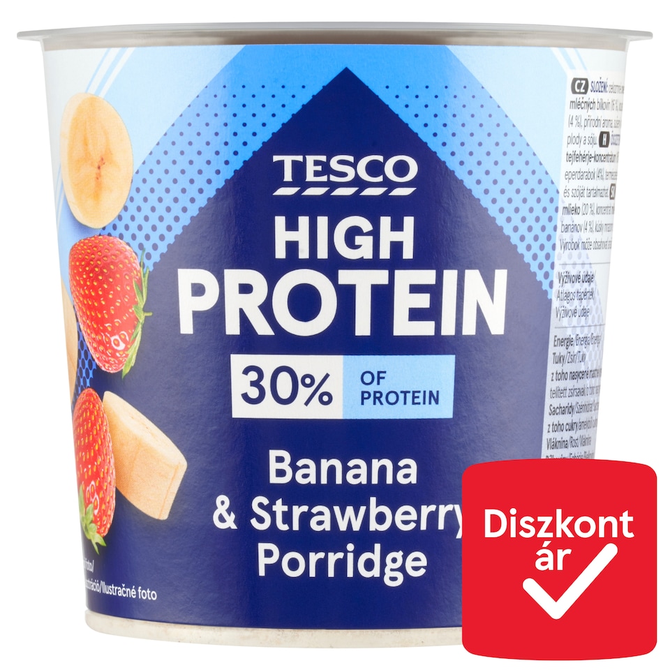 Tesco High Protein instant vaníliaízű zabkása, fagyasztva szárított banán- és eperdarabokkal 65 g