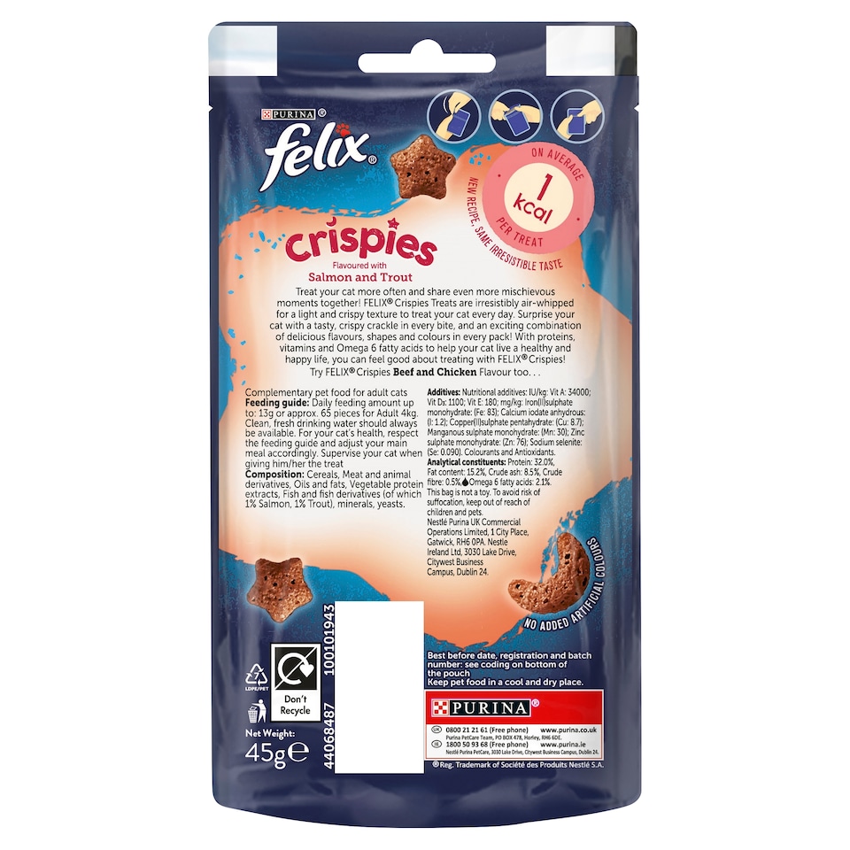 image 1 of Felix Crispies Cat Treats Salmon & Trout 45G