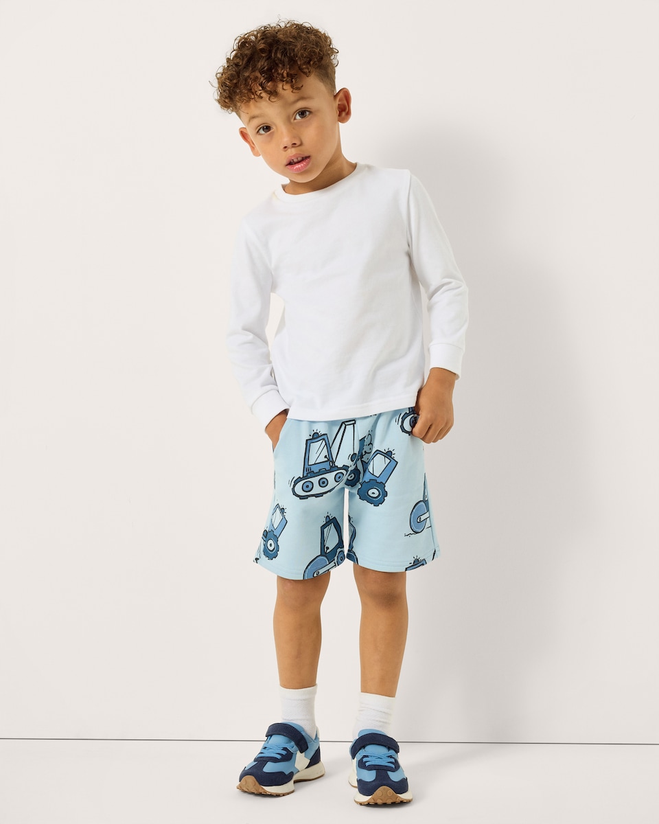 image 1 of F&F Boys Cotton Rich Tractor Print Shorts in Blue
