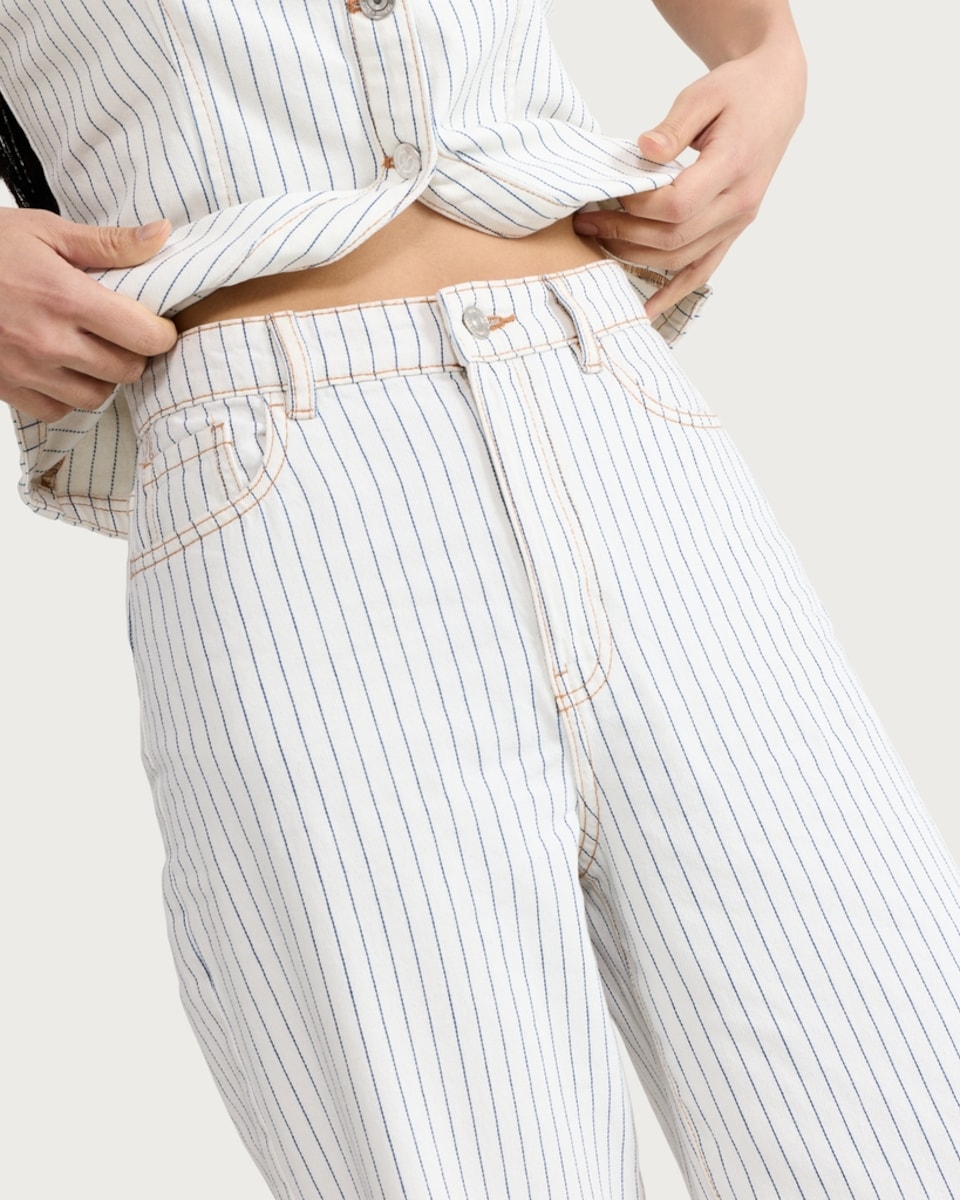 image 1 of F&F High Rise Striped Wide Leg Jeans in White