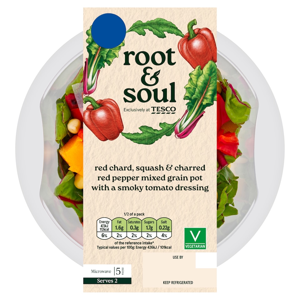 Root & Soul Red Chard, charred peppers and squash, chick peas and brown rice 260g