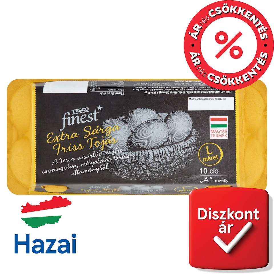 Tesco Finest "A" osztályú extra sárga friss tojás L 10 db