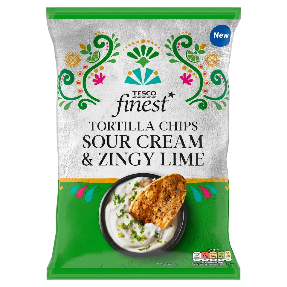 Tesco Finest Kukuřičný snack s fazolemi a koriandrem, s příchutí zakysané smetany a limetky 150g